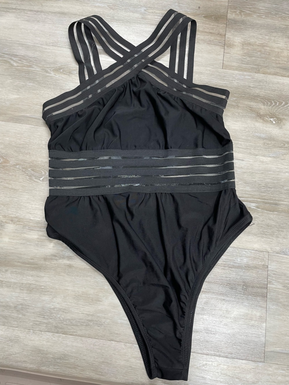 Unbranded One Piece Swimsuit Womens XL Black Excellent Mesh Stripe Strappy Back